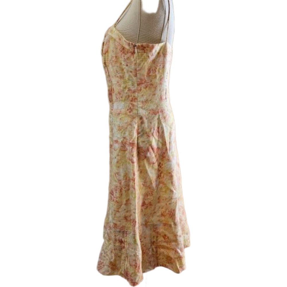 Ann Taylor Linen Pink Yellow Pastel Floral Pleated Detail Midi Dress-Size 8 - Picture 3 of 5